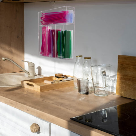 Aphbrada wall-mount bag organizer offers flexible placement options.