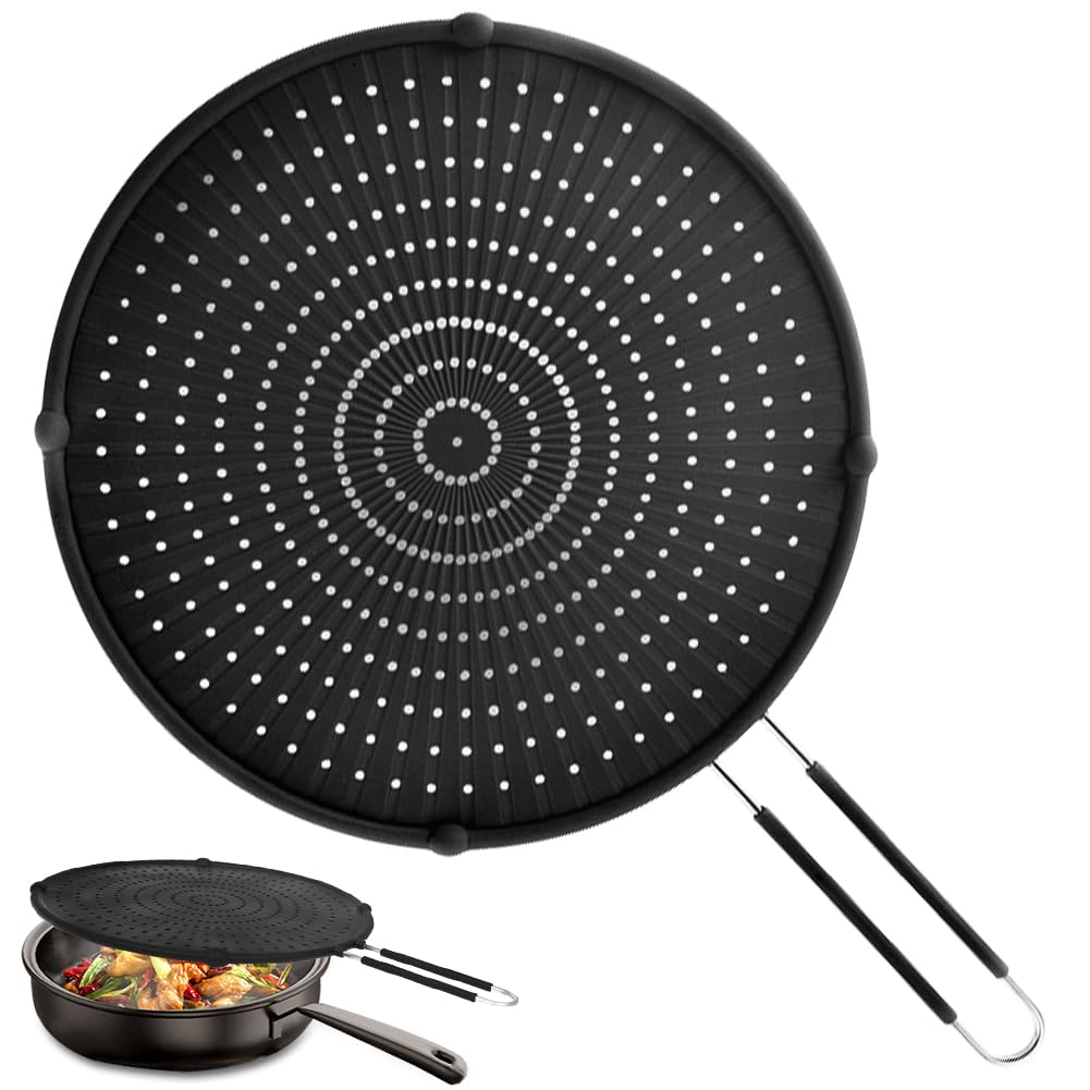 Apidgrowth splatter screen over frying pan protects stovetop from oil splatter