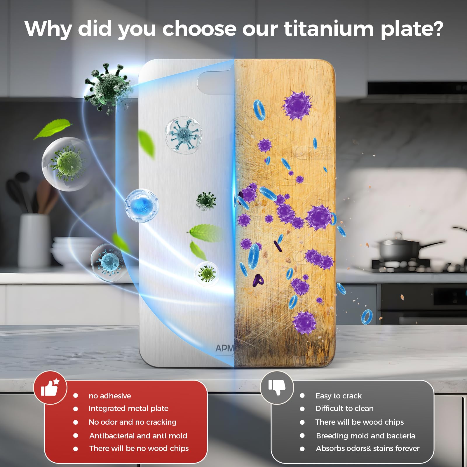 APMRQIB double-sided titanium board keeps foods separate during prep