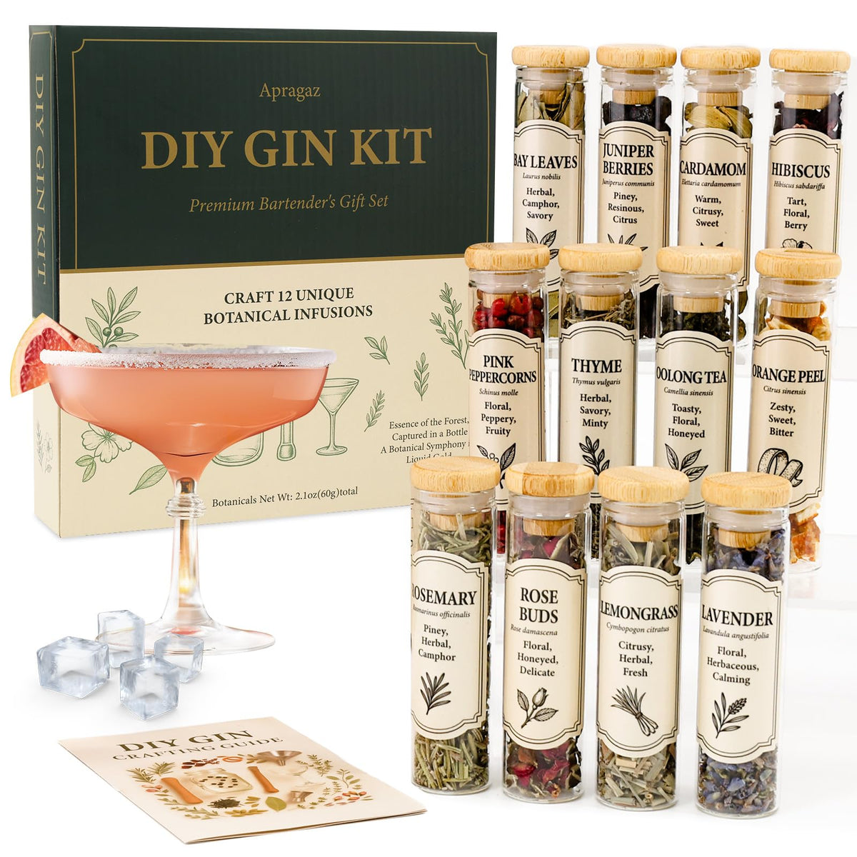 Apragaz Gin Making Kit spice jar collection showcases premium botanicals for homemade infusions.