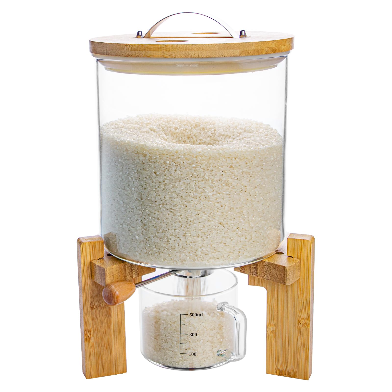 Aprilhp rice dispenser with a 5L glass container for organized pantry storage.