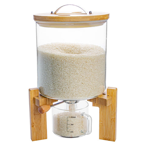 Aprilhp rice dispenser with a 5L glass container for organized pantry storage.