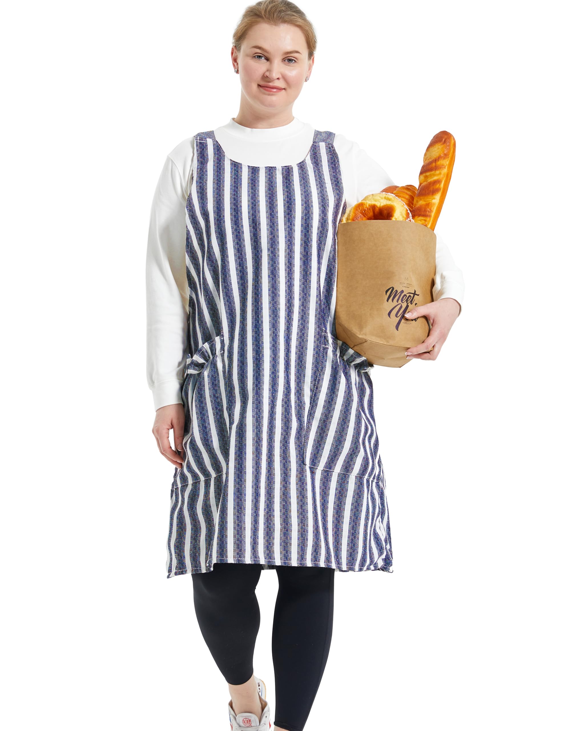 APRONNER cross-back linen apron with blue stripes and roomy pockets.