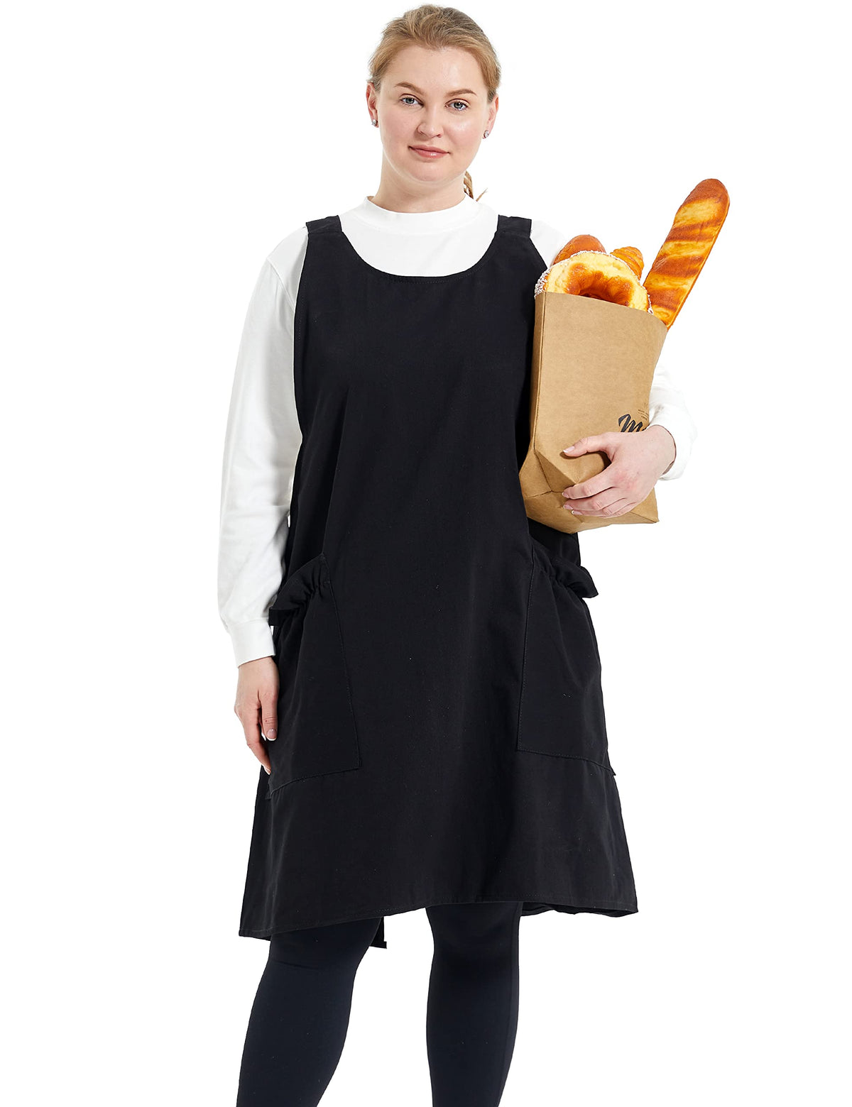 APRONNER cross-back linen apron with pockets in black for comfortable cooking