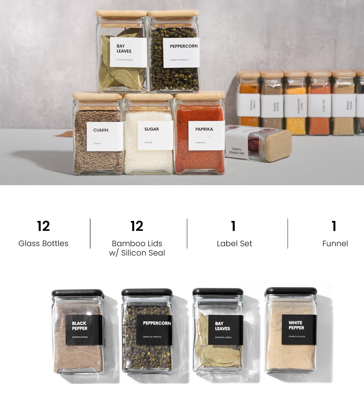 Complete set includes jars, labels, and a funnel for easy refilling.