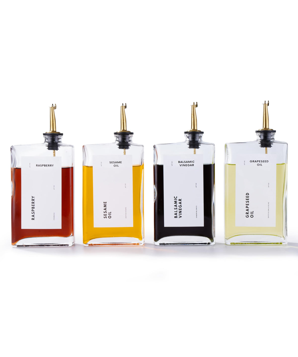 APT 1101 olive oil dispenser set with drip-free spouts for mess-free cooking.