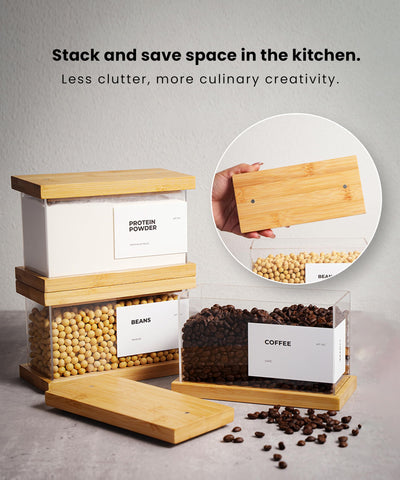 APT 1101 bamboo dispenser used as a rice dispenser on a pantry shelf.