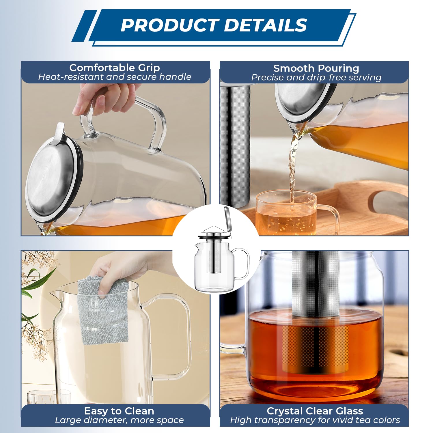 Aquach glass teapot, dishwasher safe for quick cleanup.