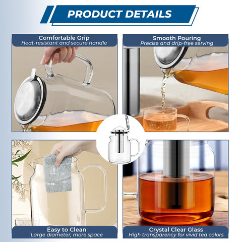 Aquach glass teapot, dishwasher safe for quick cleanup.