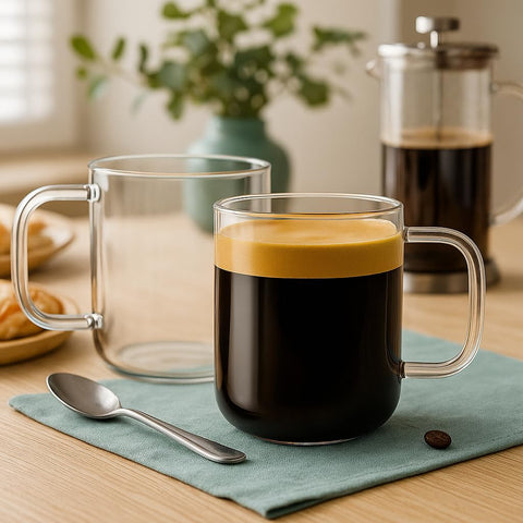 Aquach glass mug 16 oz seen from the side, showcasing the clear glass.