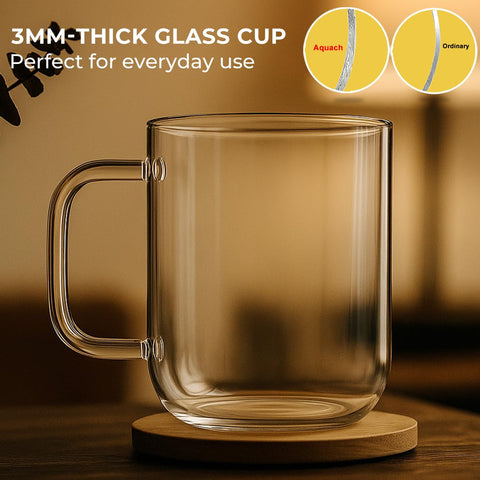 Aquach glass mug ergonomic handle provides comfortable grip during daily coffee rituals.