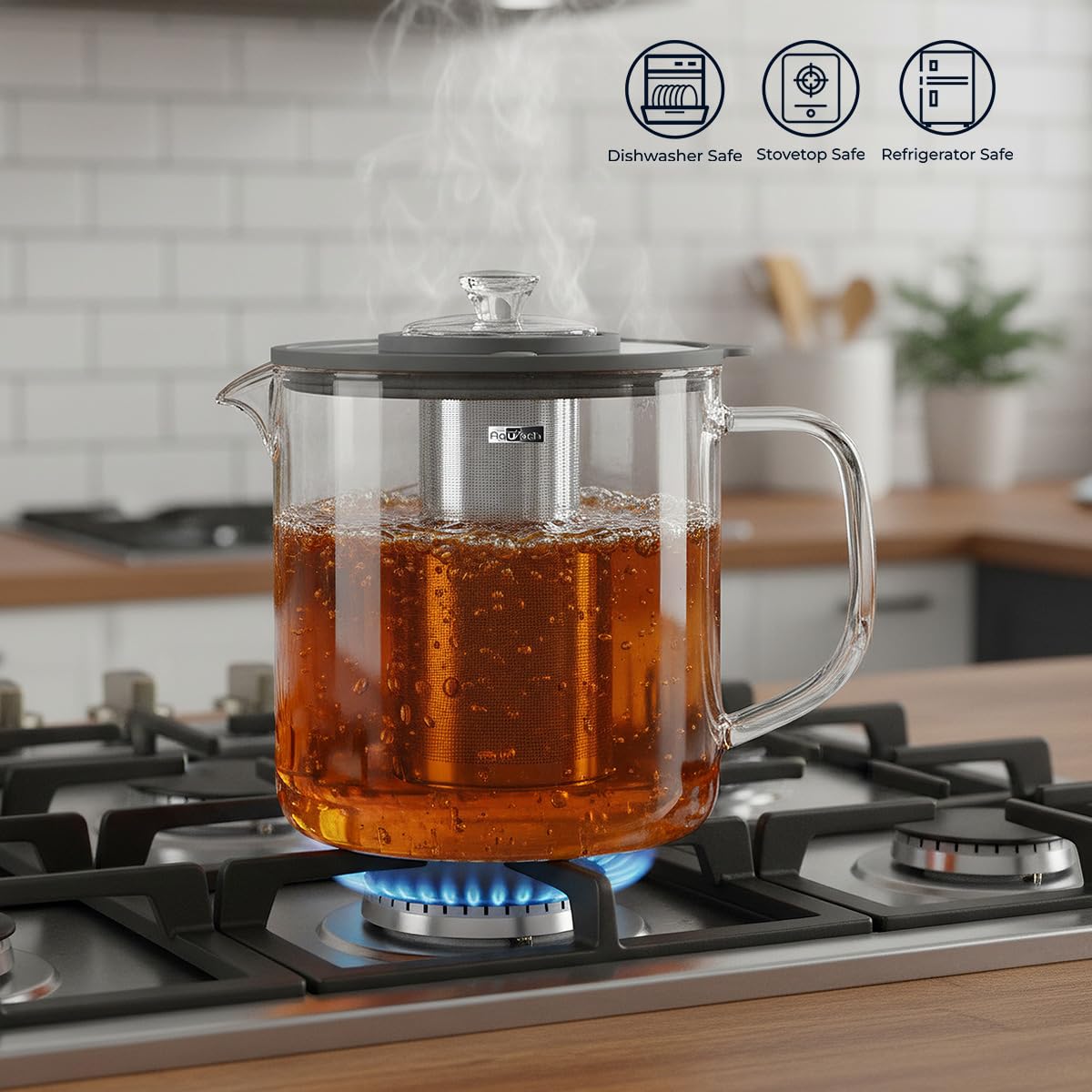 Aquach glass teapot on stovetop demonstrates stable, safe heating.