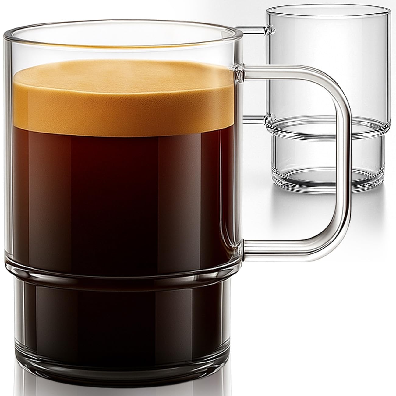 Aquach stackable glass mug with handle in a two-piece set for space-saving storage
