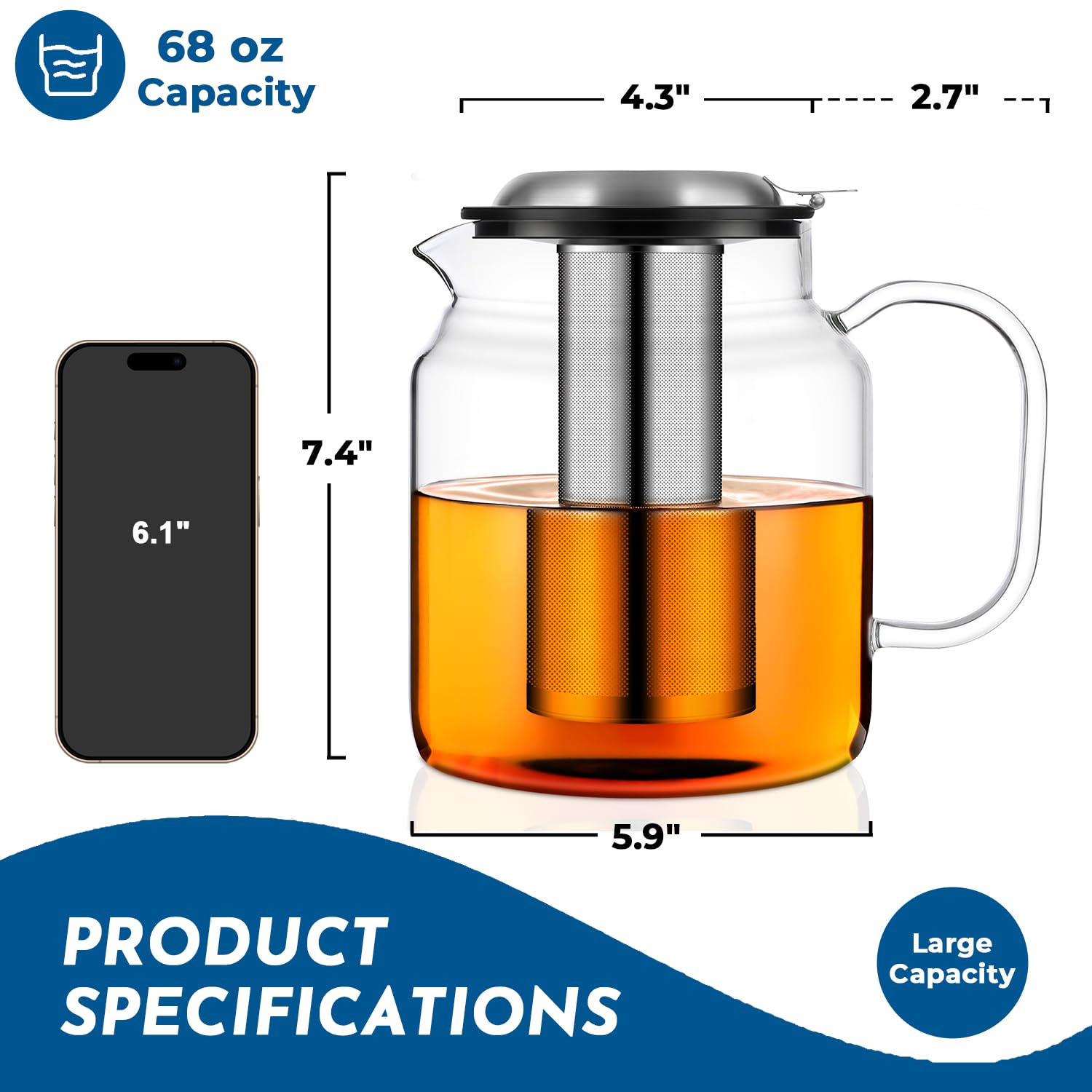 Aquach teapot with removable double-mesh infuser ideal for blooming teas.