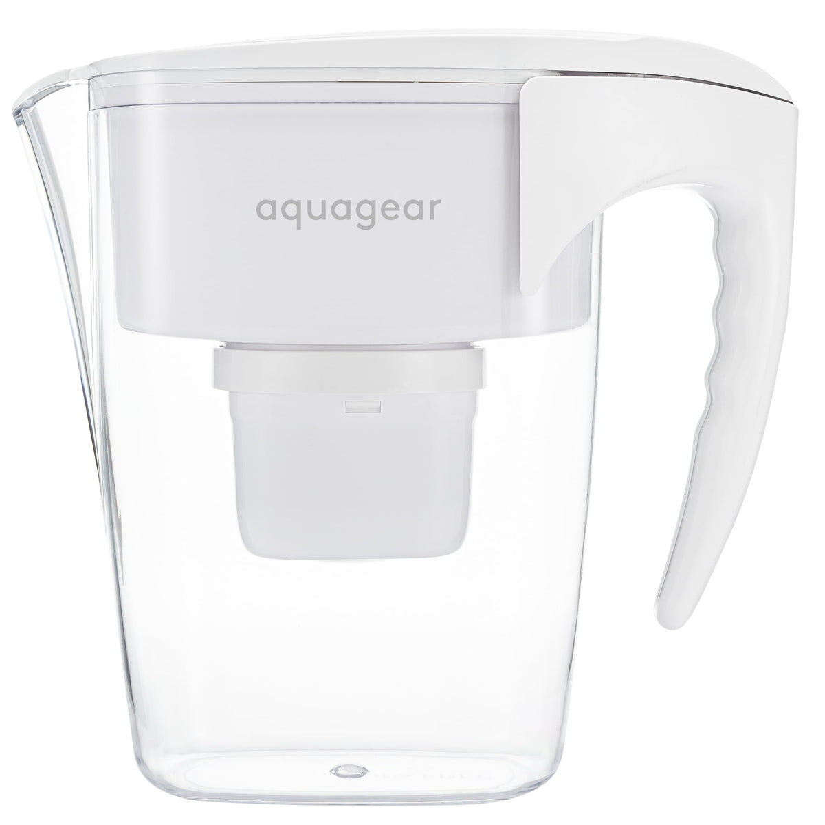 Aquagear water filter pitcher front view shows sleek, durable design for everyday hydration.