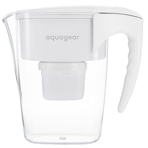 Aquagear water filter pitcher front view shows sleek, durable design for everyday hydration.