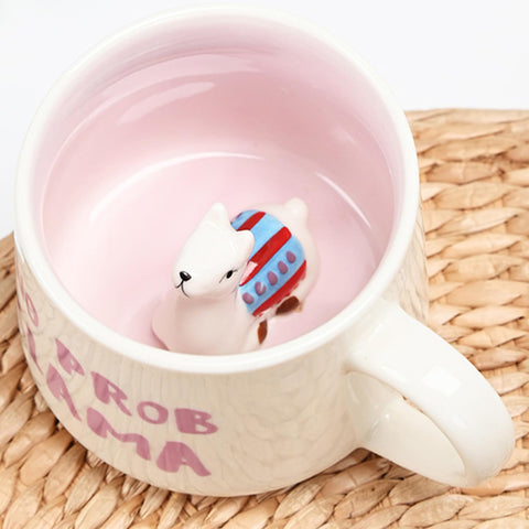 Close-up of the 3D alpaca design inside the Arawat mug.