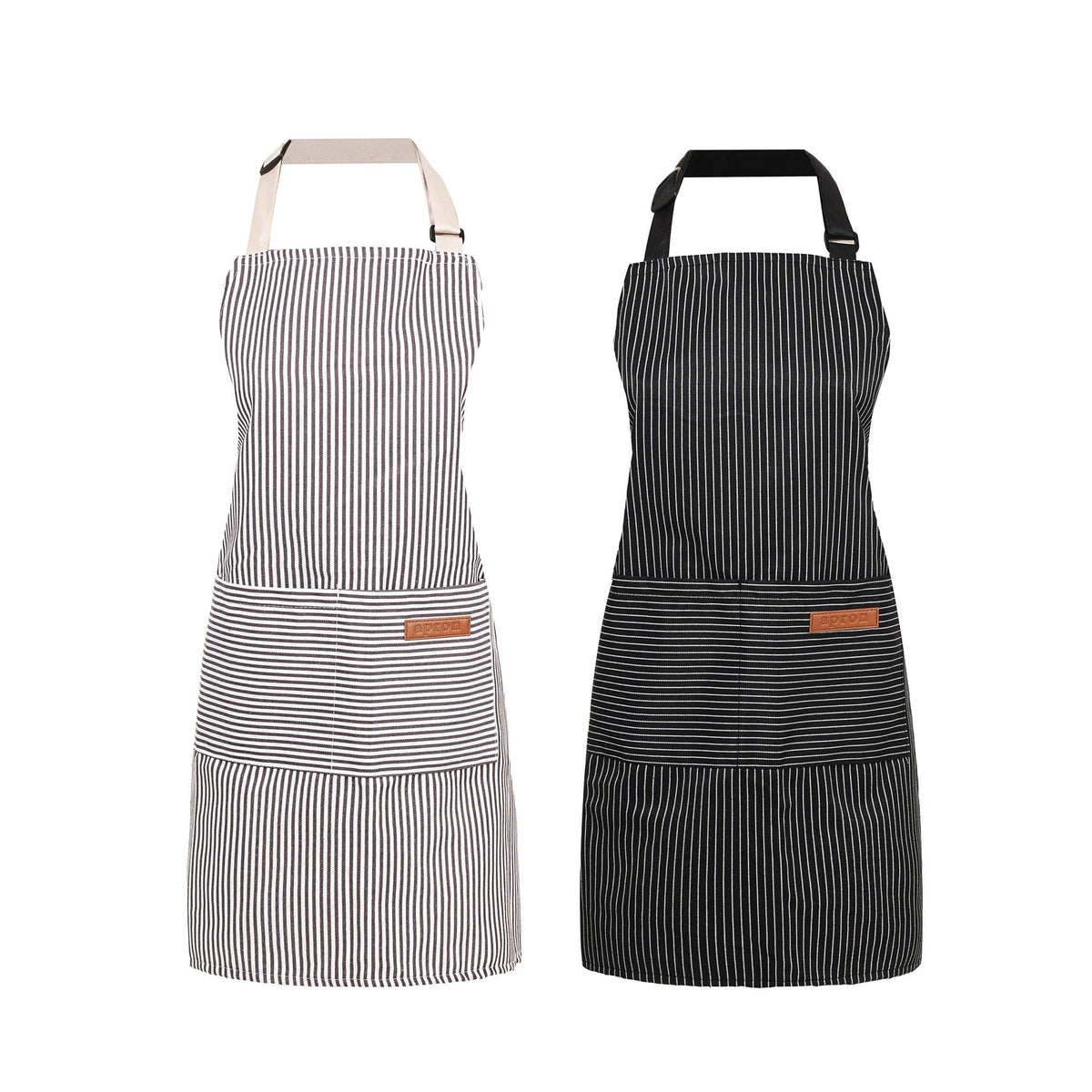 ARBINSON beige and black striped apron front view showing two pockets for organization