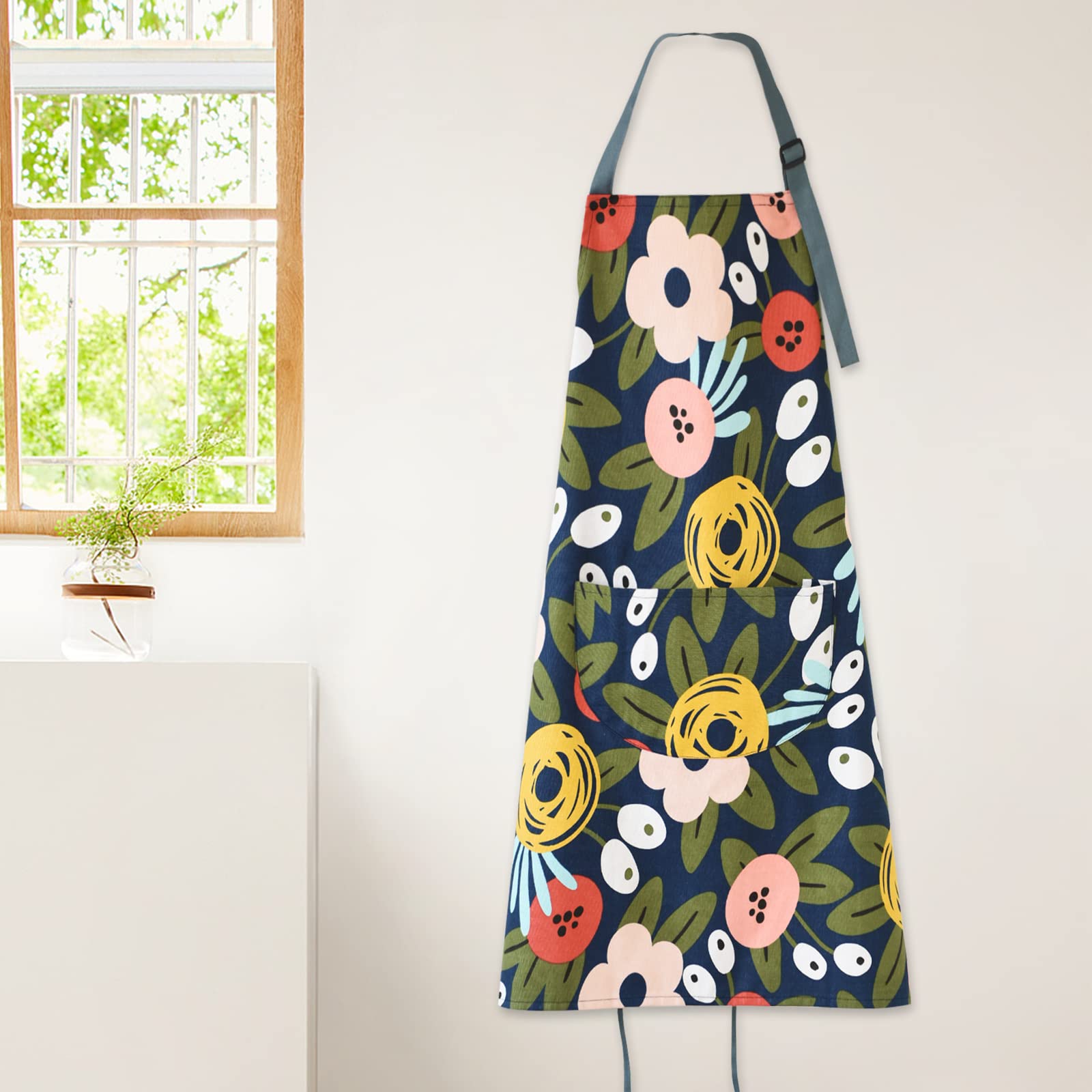 ARBINSON floral apron blue durable material for daily use.