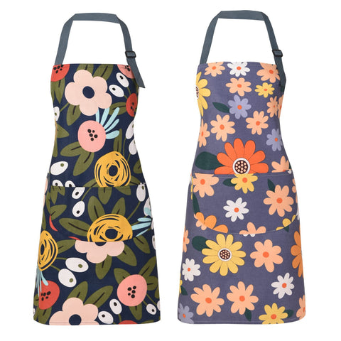 ARBINSON floral apron blue with pockets, ideal for cooking and grilling.