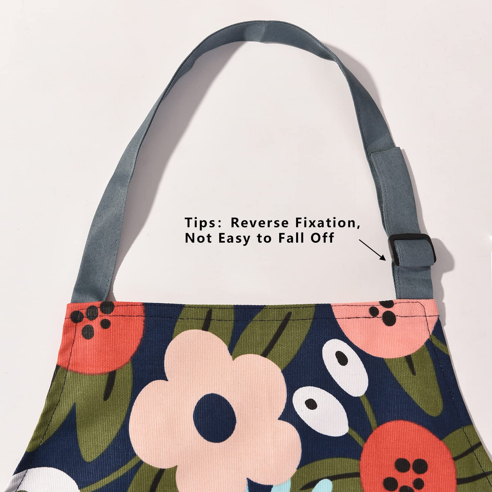 ARBINSON floral apron blue knee-cover design protects clothing.