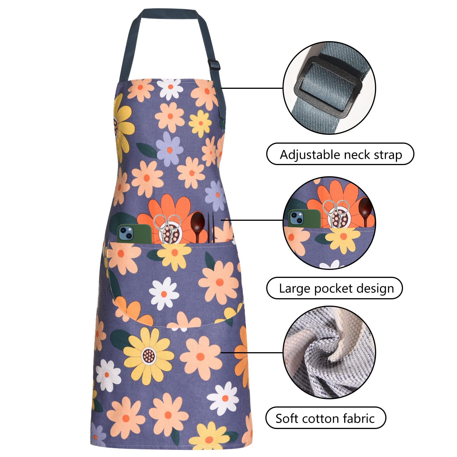 ARBINSON floral apron blue adjustable strap for a customized fit.