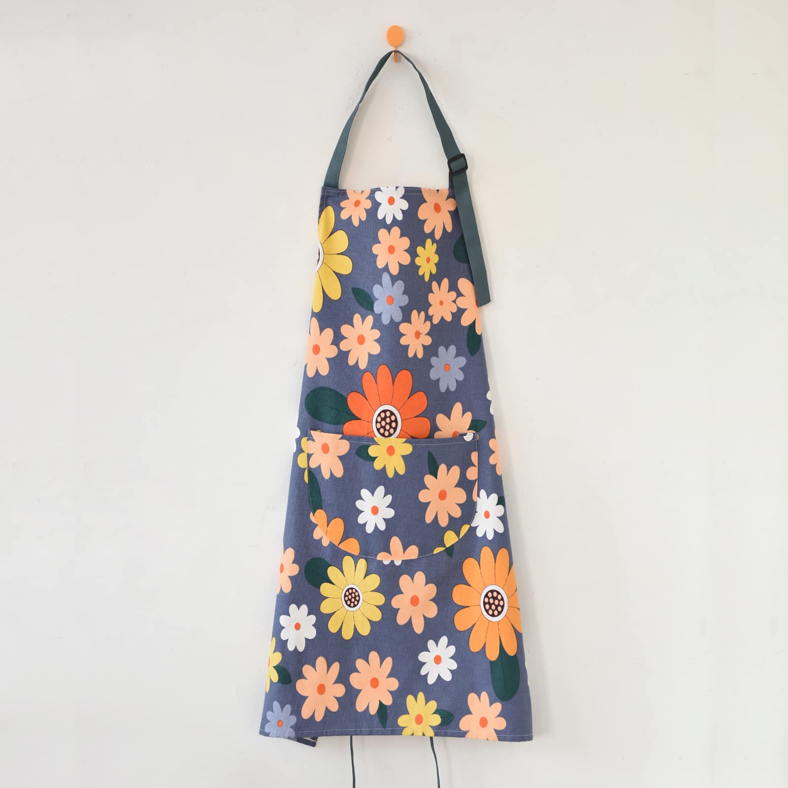 ARBINSON floral apron blue waist belt worn front or back.