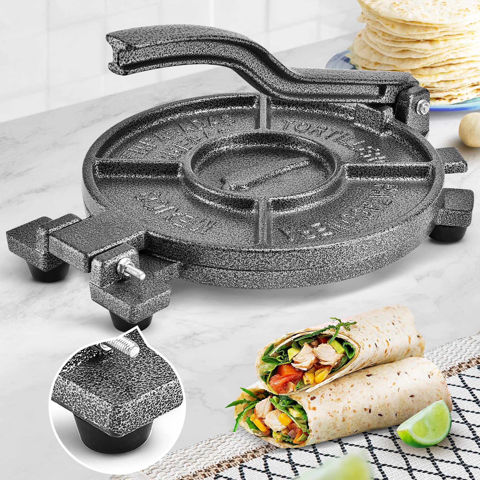 ARC Tortilla Press 10.4 inch close-up shows durable cast iron and stone-like finish.