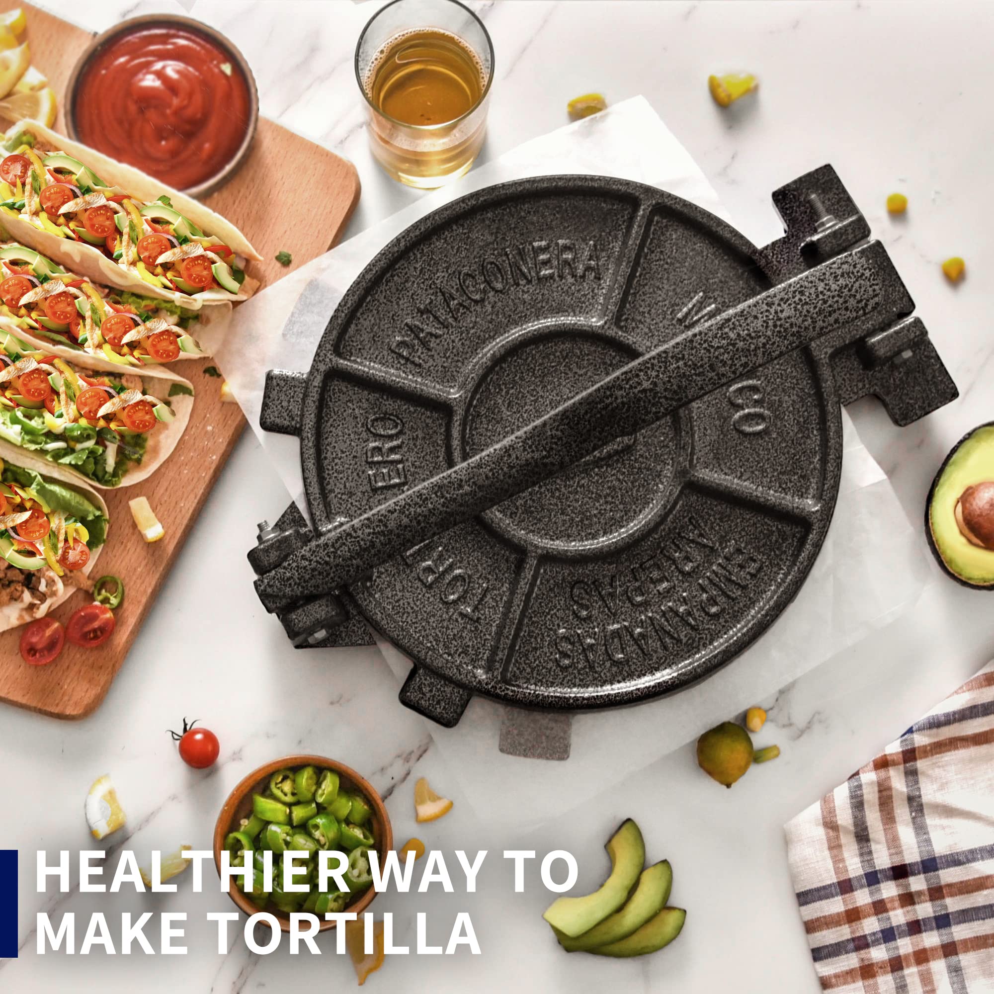 ARC Tortilla Press 10.4 inch includes parchment paper for easy release and cleanup.