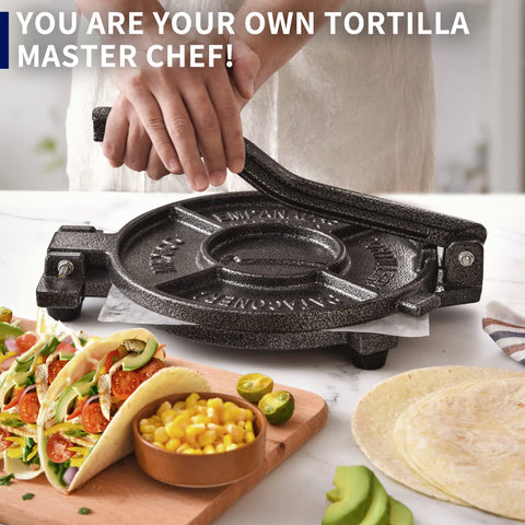 ARC Tortilla Press 10.4 inch in use for tortillas and arepas, versatile kitchen tool.