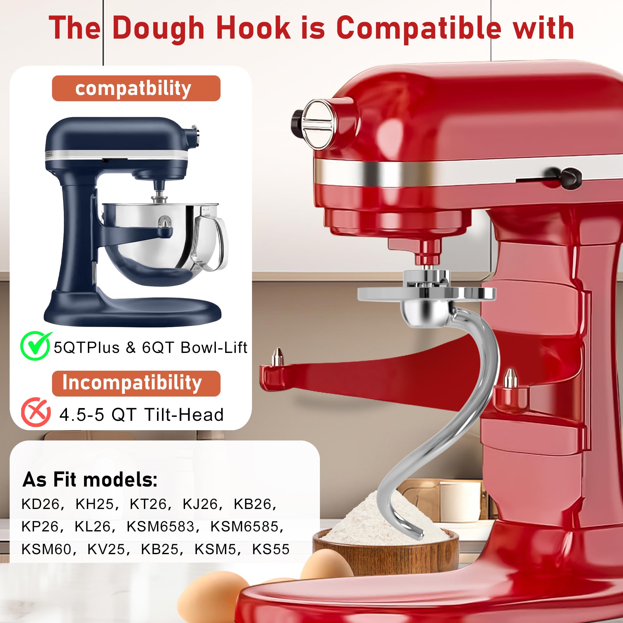Arcbt anti-dough-climb design hook for KitchenAid aids evenly mixed dough