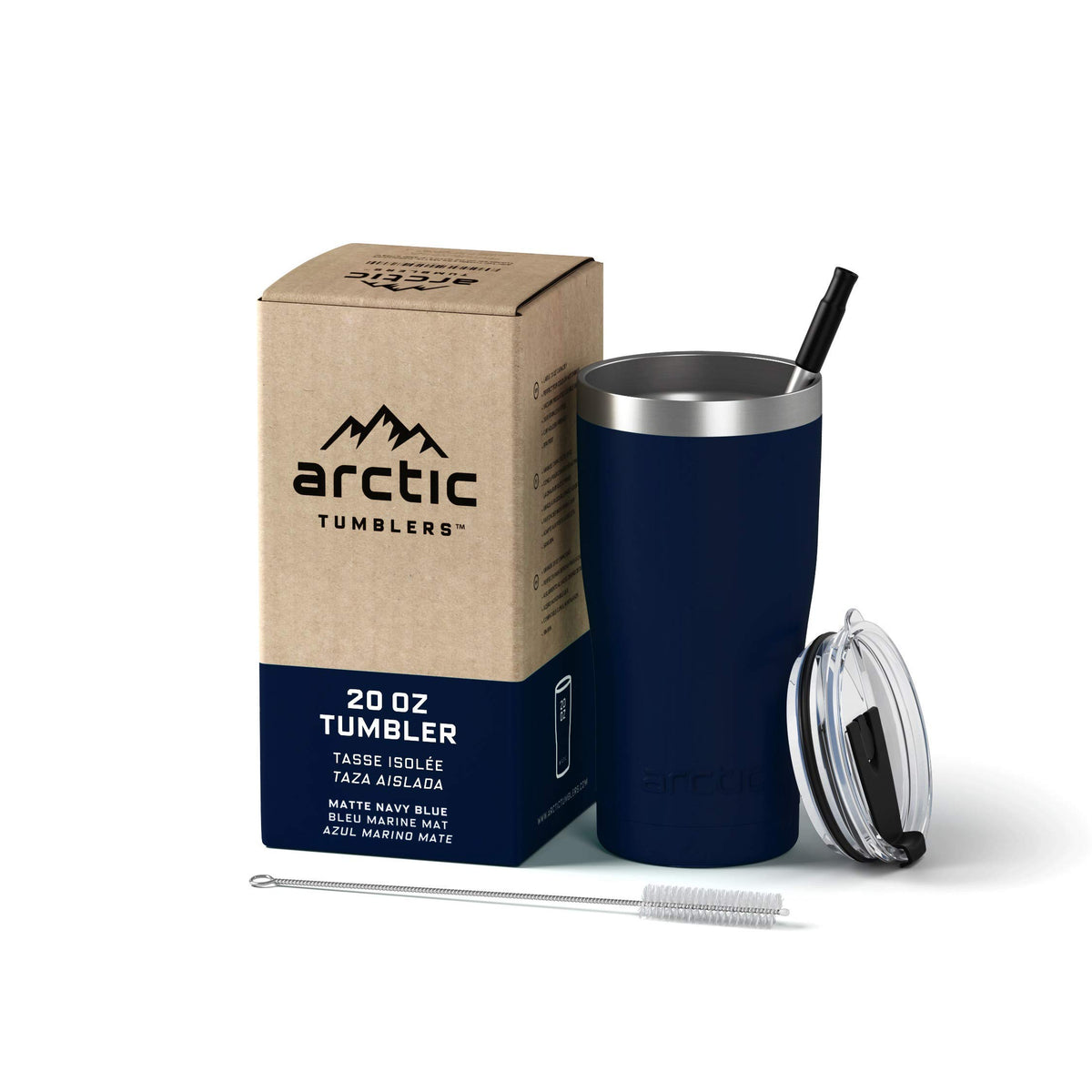 Arctic Tumblers 20 oz navy blue tumbler with straw keeps beverages cold on the go.