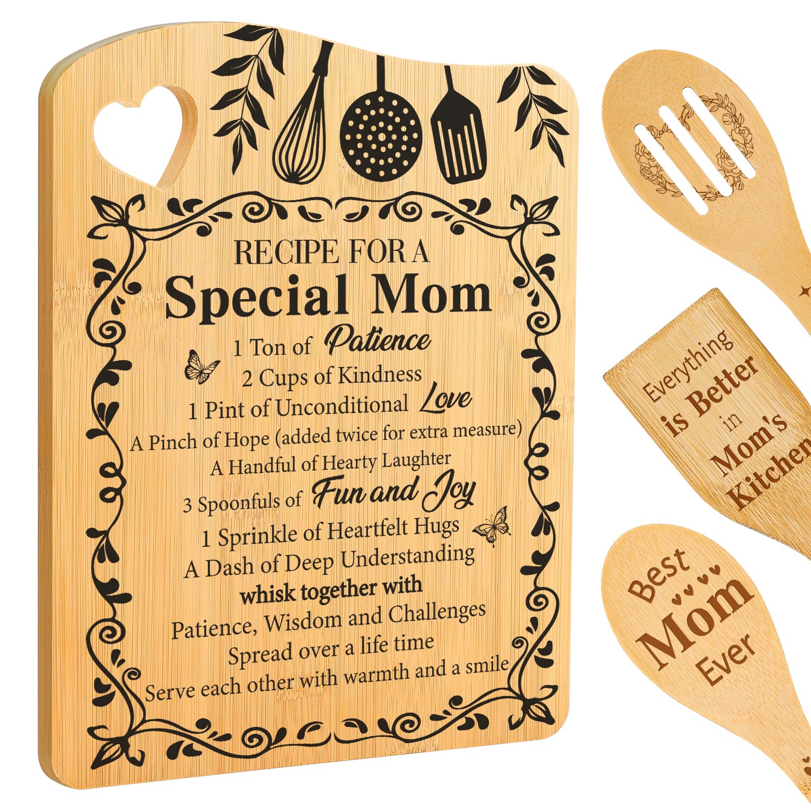 Aremdys bamboo cutting board featuring the recipe for a special mom design, ideal for gifts.