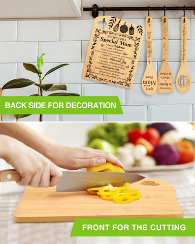 Aremdys cutting board hung as wall art to brighten mom's kitchen.