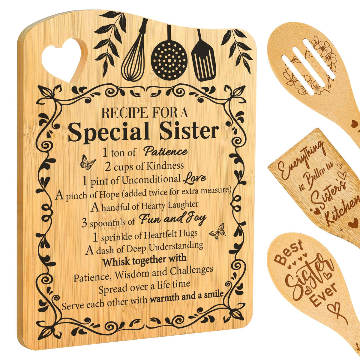 Aremdys Sisters bamboo cutting board set front view, recipe design enhances gift appeal.