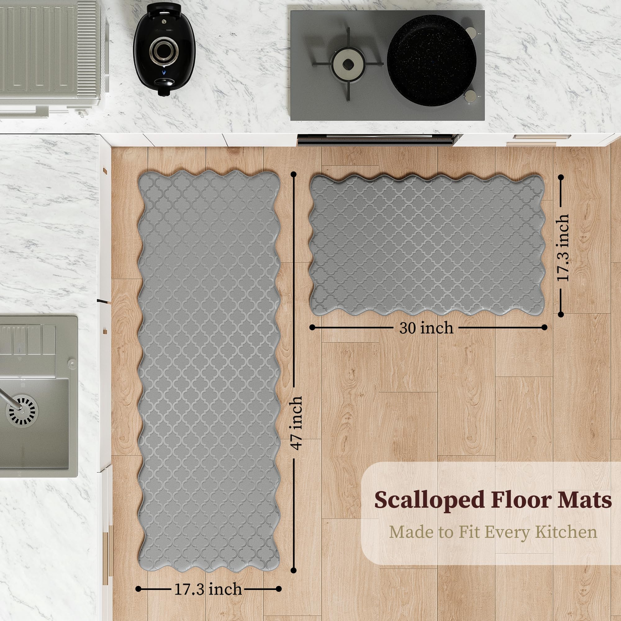 Arenarug scalloped border design adds decorative touch to prep areas.