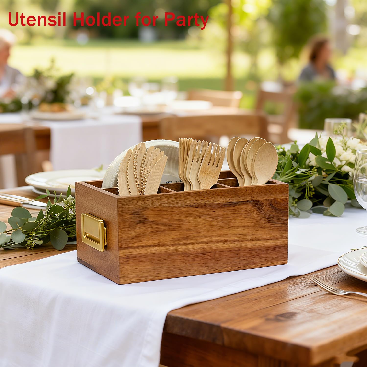 Arflo Acacia Silverware Holder plates compartment visible, organizes 8-inch plates for quick setup.