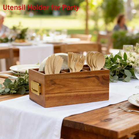Arflo Acacia Silverware Holder plates compartment visible, organizes 8-inch plates for quick setup.