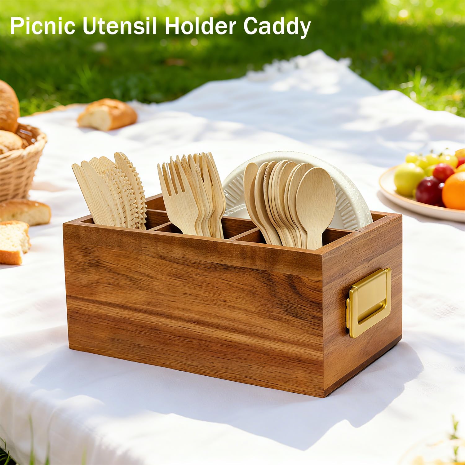 Arflo Acacia Silverware Holder, utensil slots, neat storage for spoons, forks, and cups.