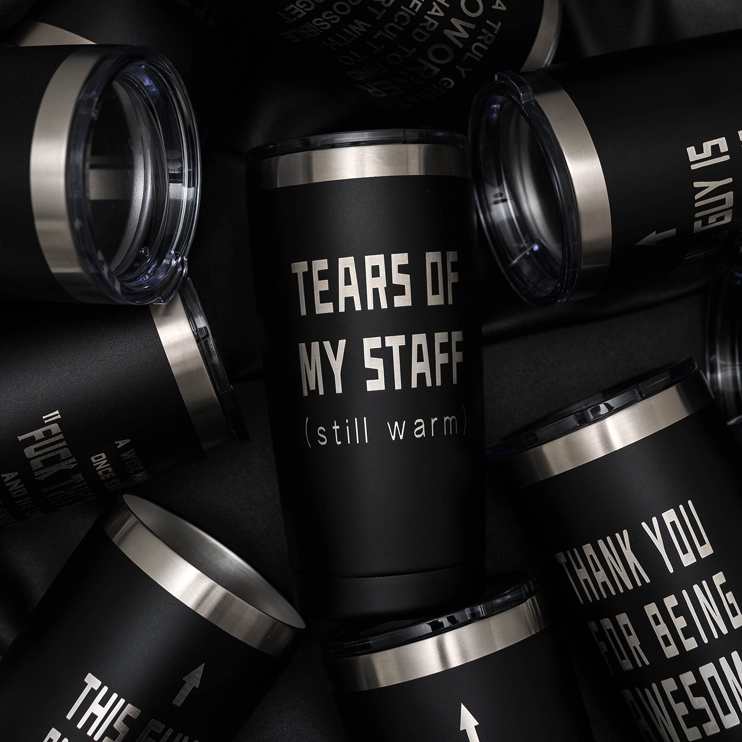 ARIABLE Tears of My Staff tumbler on desk, ready-to-gift design for the office