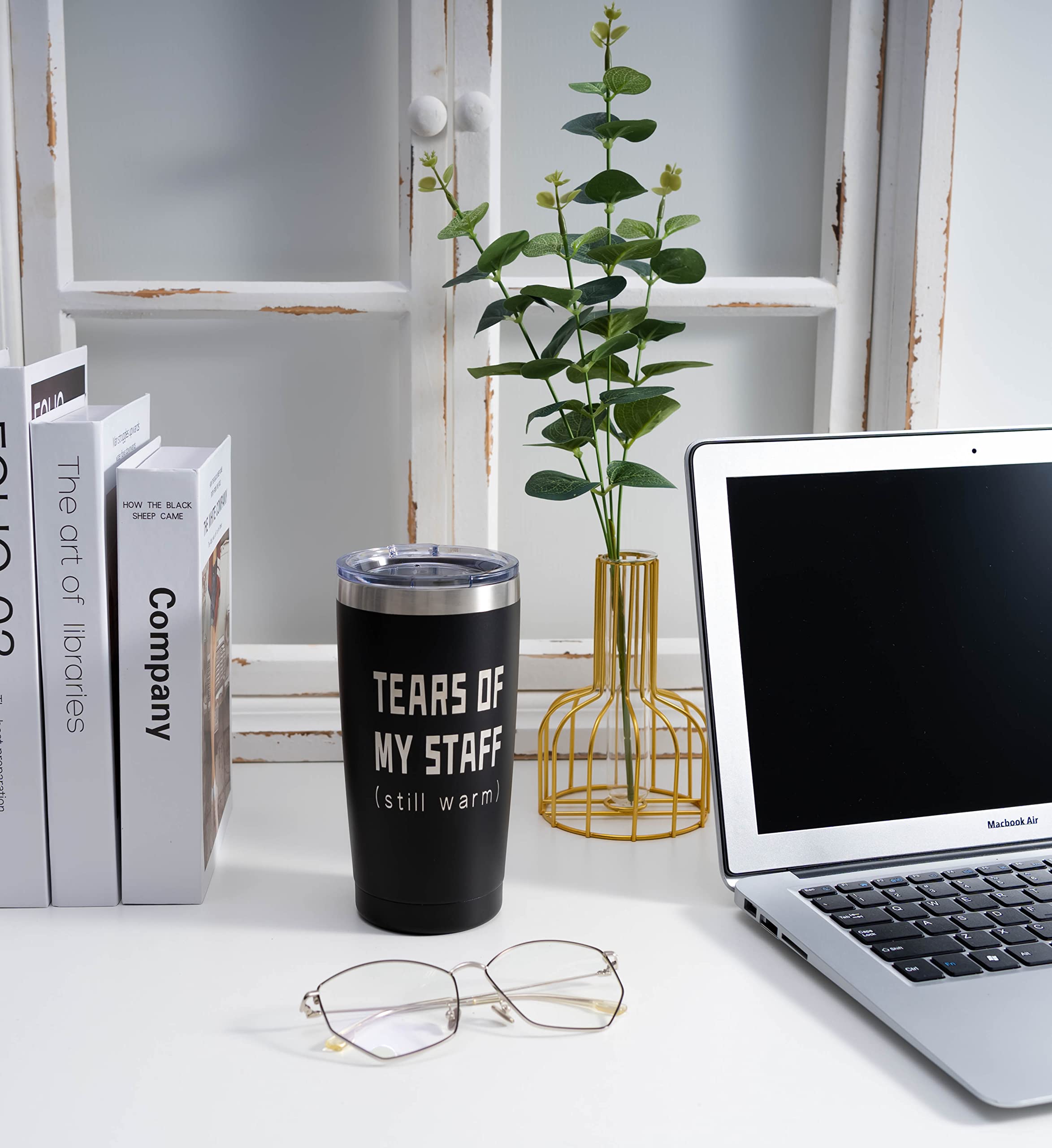 ARIABLE Tears of My Staff tumbler in hand, ideal desk companion for busy mornings