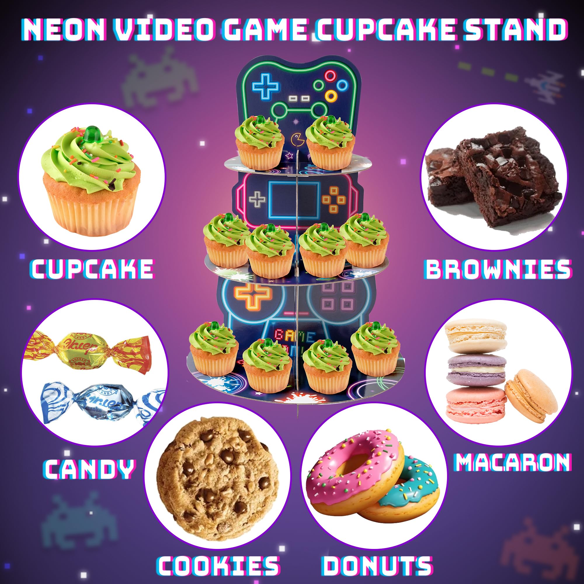 ArianQicult neon video game cupcake stand showing easy assembly for quick setup