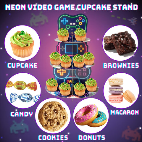 ArianQicult neon video game cupcake stand showing easy assembly for quick setup