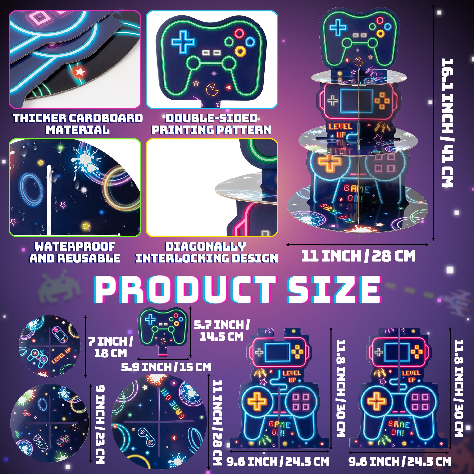 ArianQicult neon video game cupcake stand highlights a bold game pattern centerpiece