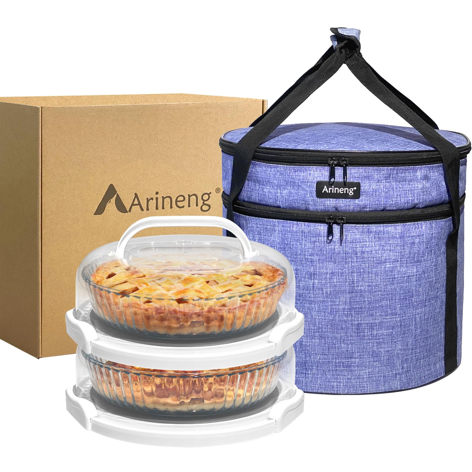 Arineng pie container with lid and handle for secure transport of pies