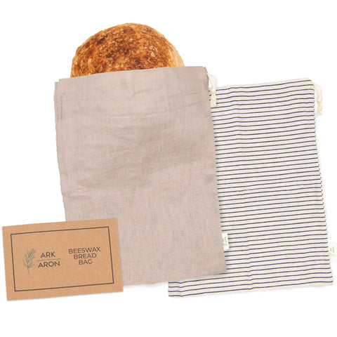 Ark & Aron beeswax bread bags on counter preserving sourdough freshness.