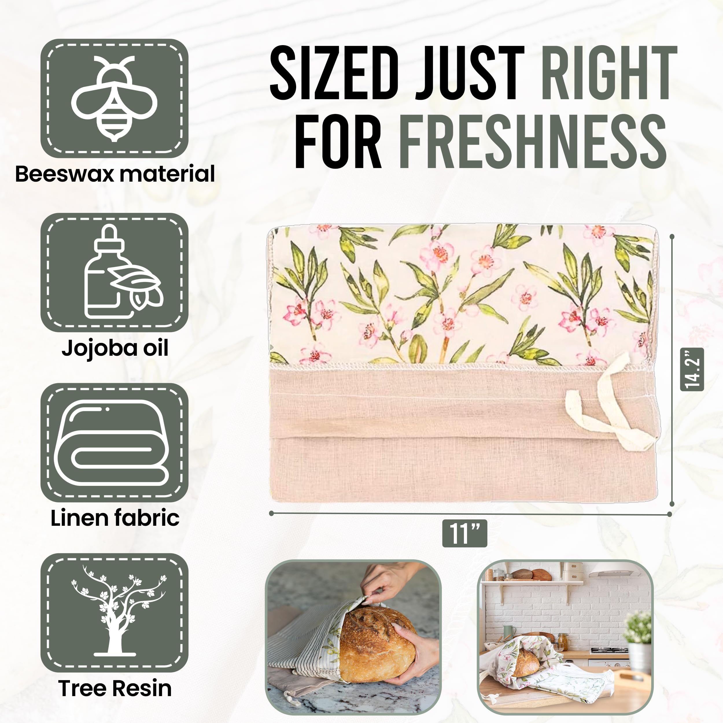 Ark & Aron linen bread bag 11 by 14 inches cradling a rustic loaf.