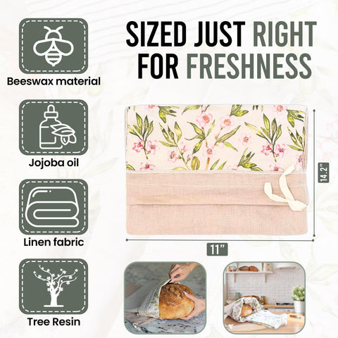 Ark & Aron linen bread bag 11 by 14 inches cradling a rustic loaf.