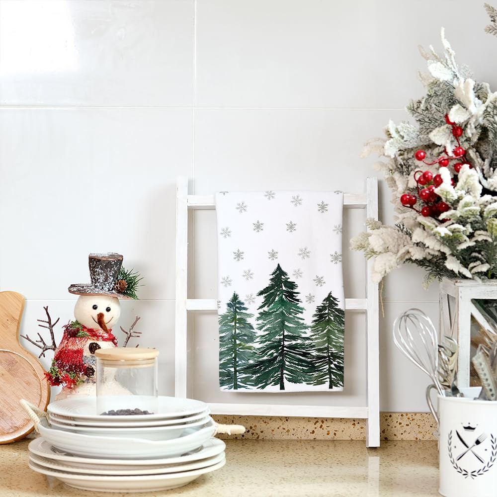 ARKENY seasonal towels; green tree and snowflake motif add festive kitchen flair