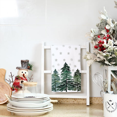 ARKENY seasonal towels; green tree and snowflake motif add festive kitchen flair